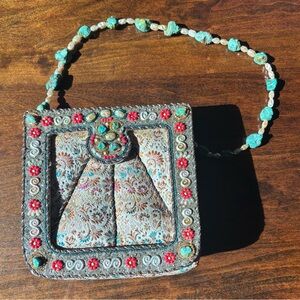 Mary Frances Beaded Brocade Purse with Turquoise and Pearl Strap